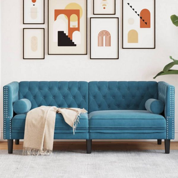 vidaXL Chesterfield-Sofa mit Nackenrollen 2-Sitzer Blau Samt, 372691