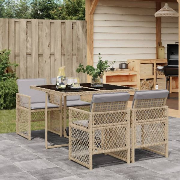 vidaXL 5-tlg. Garten-Essgruppe mit Kissen Beige Poly Rattan, 3210720