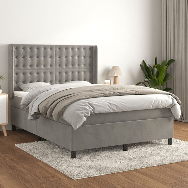 vidaXL Boxspringbett mit Matratze Hellgrau 140x200 cm Samt, 3132921