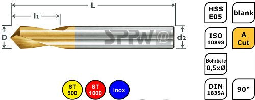 SPPW NC-Anbohrer HSS-E05+A.Cut 90° ISO L: 49x8 - Ø2,0, 1234500200