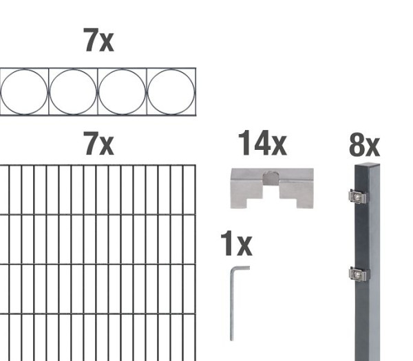 Alberts Doppelstab-Gittermattenset 2 m mit Dekorelement Design Oslo, Stahl, verzinkt anthrazit RAL 7016, Zaunmaße: 14 m x 1400 mm, 668822