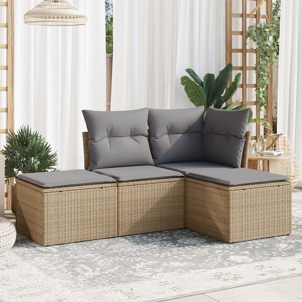 vidaXL 4-tlg. Garten-Sofagarnitur mit Kissen Beige Poly Rattan, 3217479