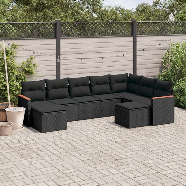 vidaXL 9-teilig Garten-Sofagarnitur mit Kissen Schwarz Poly Rattan, 3258940
