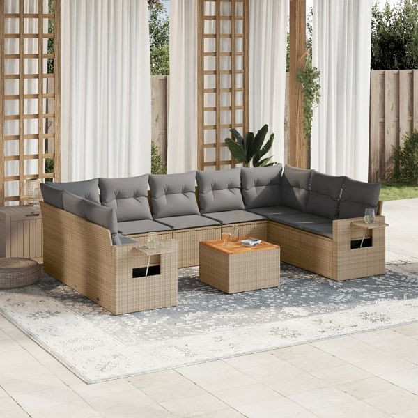 vidaXL 10-tlg. Garten-Sofagarnitur mit Kissen Beige Poly Rattan, 3257039