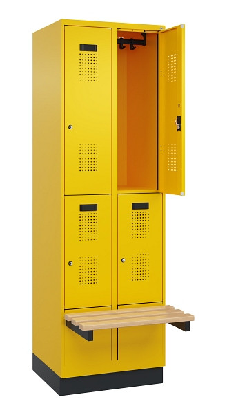 C+P Doppelstock-Spind Evolo PLUS, Bank, 4 Fächer, 1950x600x815mm, 1023/1023, Zylinderschloss, Sitzfläche Buche-Hartholz, mit Sockel, 049340-20 S10049