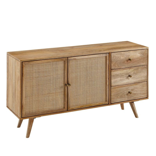 Wohnling Design Sideboard 140x75x40 cm Mango Massivholz, 3 Schubladen, 2 Türfächer, WL6.159