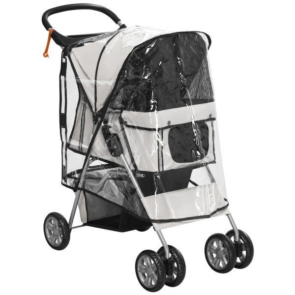 PawHut Hundetrolley, Hundewagen bis 10 kg Klappbar Regenschutz Bodenkorb 2 Becherhalter 75 x 45 x 97 cm Grau, D00-058V01GY
