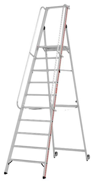 HYMER Plattformleiter mit Kipprollen und langem Handlauf, 10 Stufen, Standhöhe 2,35 m, 808110