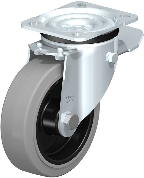 Blickle LK-POEV 125R-1-ST-SG Stahlblech-Lenkrolle, schwere Ausführung, mit Anschraubplatte & Feststeller, Elastik-Vollgummi, Grau, 294637