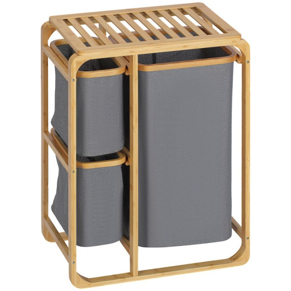 HOMCOM Wäschekorb aus Bambus, 3 abnehmbare Körbe 50 cm x 32 cm x 69,7 cm Natur Grau, 850-181