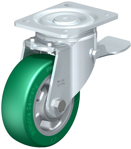 Blickle LH-ALST 150K-ST Stahlblech-Lenkrolle, Schwerlast-Ausführung, mit Anschraubplatte & Feststeller, Blickle Softhane®, Grün, 852370