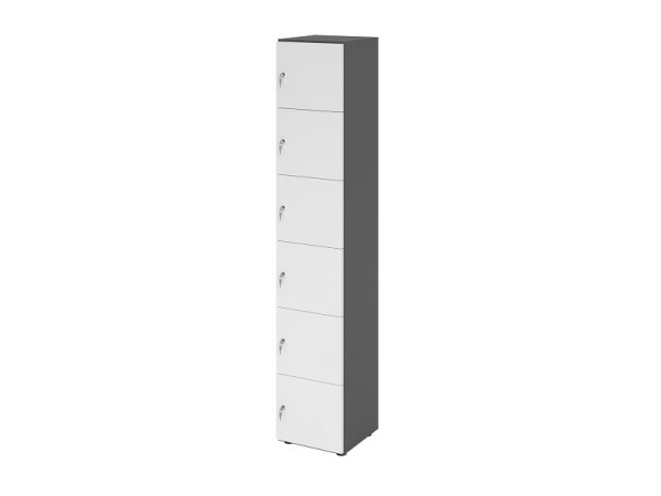 Hammerbacher Schließfachschrank schmal 6OH, 6 Türen mit Schloss, Korpus: Graphit, Türen: weiß, 40 x 40 x 215,6 cm (BxTxH), V264L6/G/W/DS