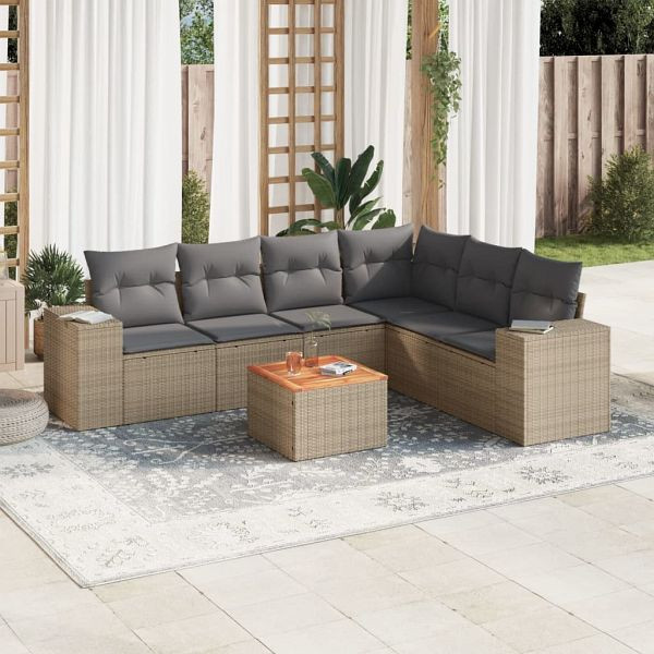vidaXL 7-teilig Garten-Sofagarnitur mit Kissen Beige Poly Rattan, 3225464