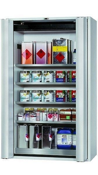 asecos Sicherheitsschrank S-PHOENIX touchless-90, S90.196.120.FDAO in lichtgrau RAL 7035 mit 4x Fachboden (Edelstahl), 30120-001-30136