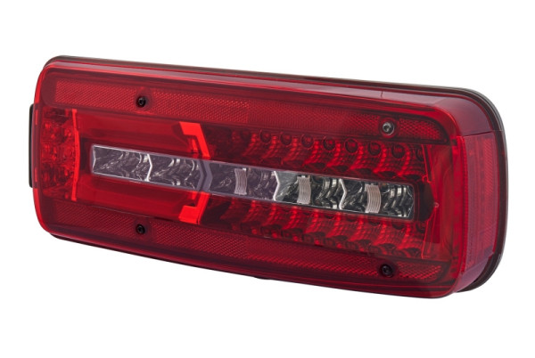 HELLA Heckleuchte, Truck Full LED, LED, 24V /ADR/GGVS, Lichtscheibenfarbe: glasklar/rot, Stecker: Rundstecker, rechts, 2VP 012 381-061