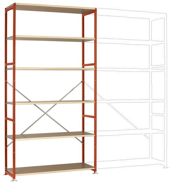 Manuflex Breitfach-Steckregal Grundregal mit 6 Holzverbundböden, HxBxT = 2500 x 1280 x 1000 mm, rotorange, RP1333.2001
