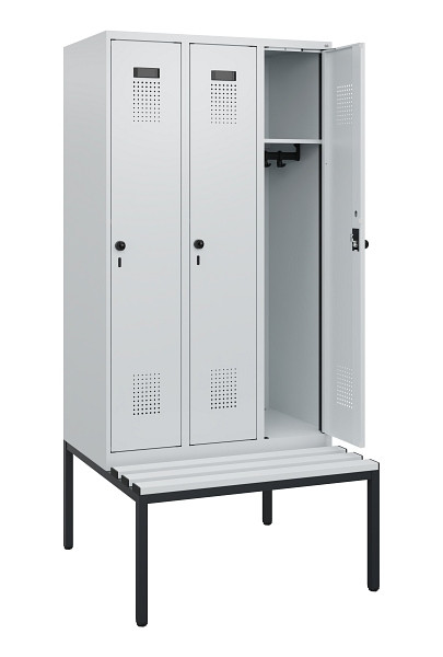 C+P Spind Evolo PLUS, 3 Abteile, 1950x900x815mm, 7035/7035, Drehriegel, Sitzfläche Kunststoff, Sitzbank, 0490505-30 S10067