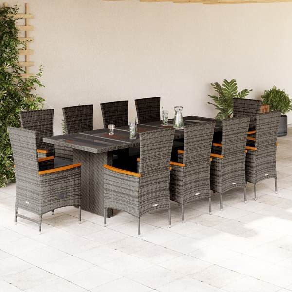 vidaXL 11-tlg. Garten-Essgruppe mit Kissen Grau Poly Rattan, UV-beständig, 3277559