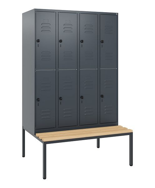 C+P Doppelstöckiger Spind Classic PLUS, 4 Abteile, 1950x1200x815mm, 7016/7016, Drehriegel, Buche-Sitzleisten, mit untergebauter Sitzbank, 0803505-40 S10012