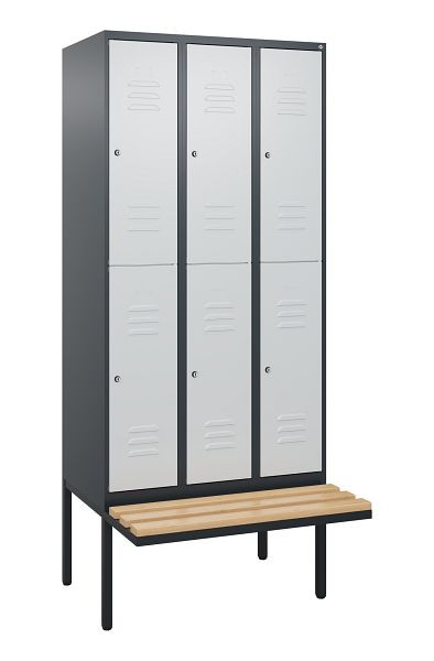 C+P Doppelstöckiger Spind Classic PLUS, 3 Abteile, 2120x900x815mm, 7016/7035, Zylinderschlösser, Buche-Sitzleisten, Sitzfläche, 0803407-30 S10103