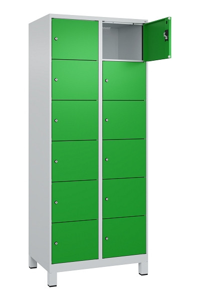C+P Schließfachschrank Evolo PLUS, mit Füßen, 12 Fächer, 1950x800x500mm, 7035/6, Frontfarbe RAL 6037 Reingrün, 049010-226 S10011