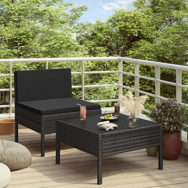 vidaXL 2-teilig Garten-Lounge-Set mit Auflagen Poly Rattan Schwarz, 310199