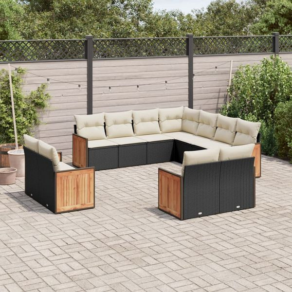 vidaXL 11-tlg. Garten-Sofagarnitur mit Kissen Schwarz Poly Rattan, 3258899