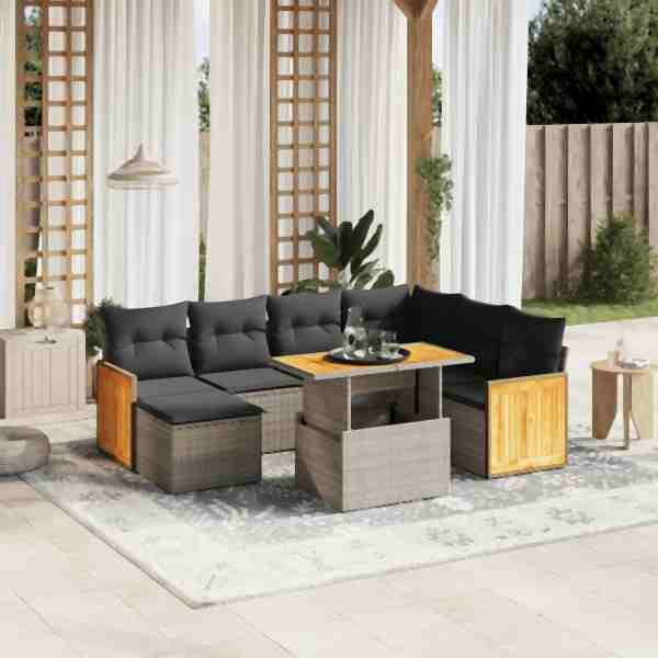 vidaXL 8-tlg. Garten-Sofagarnitur mit Kissen Grau Poly Rattan, UV-beständig, 3274077