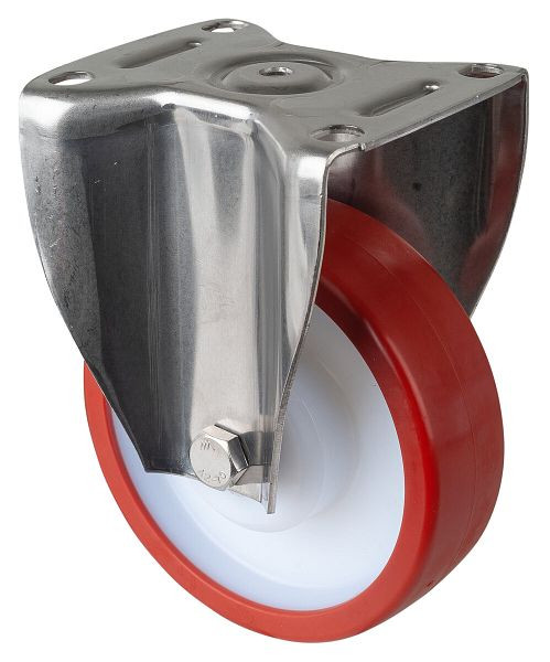 BS Rollen Edelstahl Schwerlastrolle, Bockrolle, Breite 45 mm, Ø150 mm, bis 450 kg, Polyurethan rot, Körper Kunststoff, Edelstahl-Rollenlager, HS110.B28.151