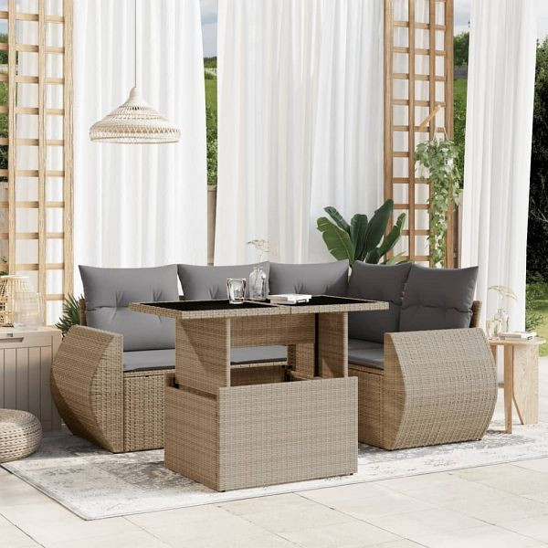 vidaXL 5-teilig Garten-Sofagarnitur mit Kissen Beige Poly Rattan, 3268509