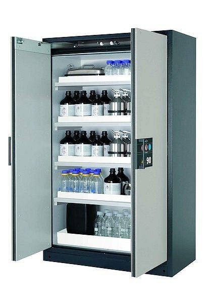 asecos Sicherheitsschrank Q-CLASSIC-90, Q90.195.120 in lichtgrau RAL 7035 mit 4x Wannenboden Standard (Polypropylen), 30001-041-30014