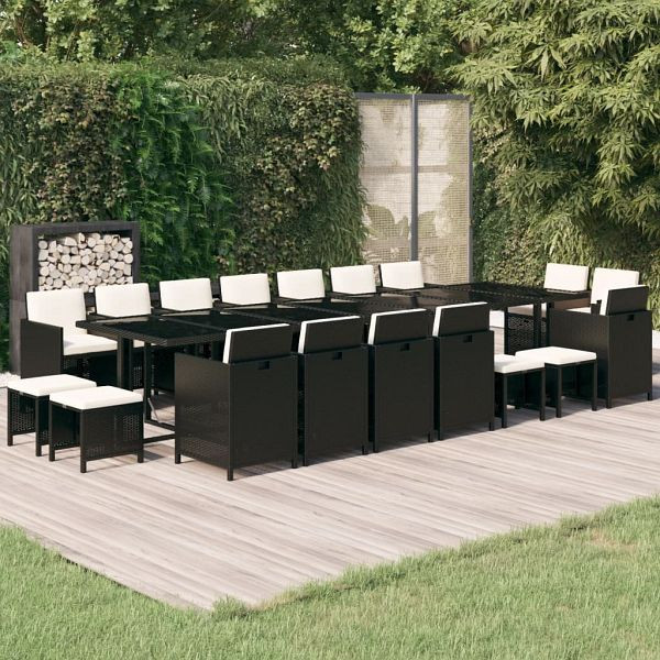 vidaXL 19-teilig Garten-Essgruppe mit Kissen Poly Rattan Schwarz, 3095642