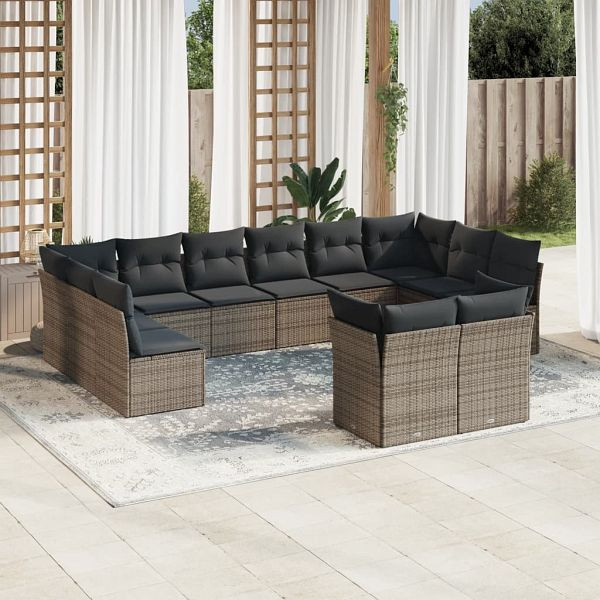 vidaXL 12-teilig Garten-Sofagarnitur mit Kissen Grau Poly Rattan, 3218430