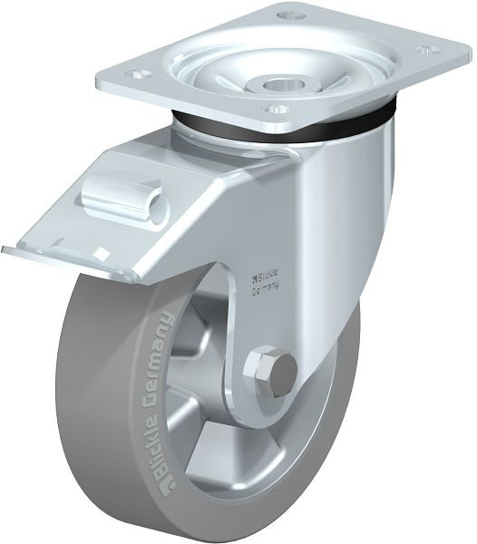 Blickle LK-ALEV 160K-FI-SG Stahlblech-Lenkrolle, schwere Ausführung, mit Anschraubplatte & Feststeller, Elastik-Vollgummi, Grau, 656116