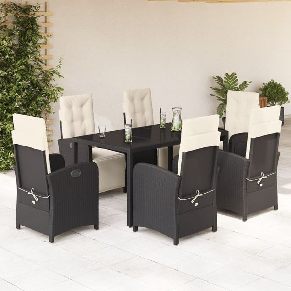 vidaXL 7-teilig Garten-Essgruppe mit Kissen Schwarz Poly Rattan, 3212453