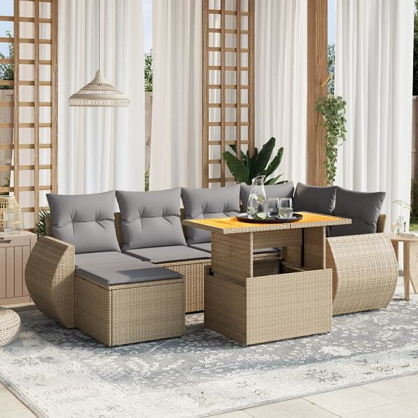 vidaXL 7-teilig Garten-Sofagarnitur mit Kissen Beige Poly Rattan, 3275817