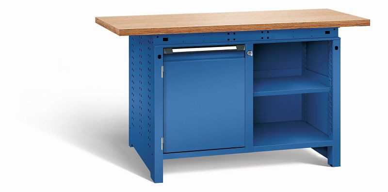 Otto Kind Werkbank Serie function Typ 210, Multiplexplatte 40 mm, überstehend, 2x Unterbau, komplett RAL 5010, 072340213