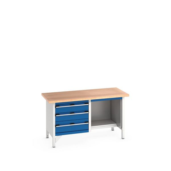 bott cubio Kastenwerkbank mit 3 Schubladen, Multiplex-Arbeitsplatte, BxTxH: 1500x750x840mm, RAL 7035/5010, Enzianblau, 41002040.11V