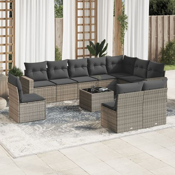 vidaXL 11-teilig Garten-Sofagarnitur mit Kissen Grau Poly Rattan, 3219110