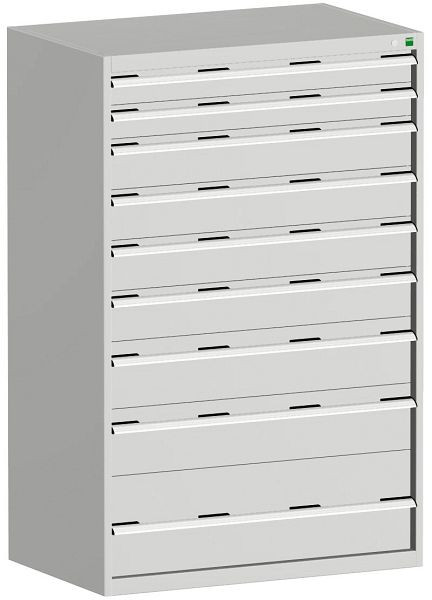 bott cubio Schubladenschrank bestückt mit 9 Schwerlastschubladen BxTxH: 1050 x 650 x 1600 mm, RAL 7035, 40021044.16V