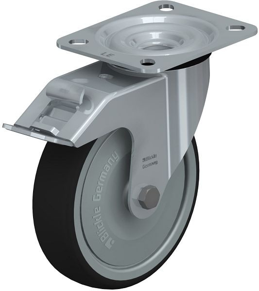 Blickle LE-PATH 125K-FI-ELS-FK Stahlblech-Lenkrolle mit Anschraubplatte & Feststeller, Thermoplastisches Polyurethan, Grau, 852152