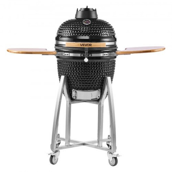 VEVOR Kamado Grill Ø 450 mm, Keramik, mit Holzgriffen, Ablagen, Metallstand mit Rollen & Thermometer bis 400°C, MTYXLDXDLZJ1VFCBO001V0