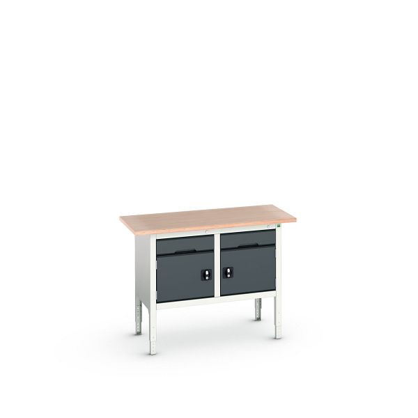 bott verso Kastenwerkbank (Multiplex-Platte) mit 2 Schubladen und 2 Türen, BxTxH: 1250 x 600 x 830 - 930 mm, Lichtgrau / Anthrazitgrau, 16923001.19