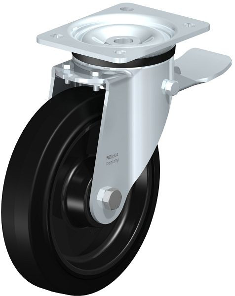 Blickle LK-POEV 200KD-ST Stahlblech-Lenkrolle, schwere Ausführung, mit Anschraubplatte & Feststeller, Elastik-Vollgummi, Schwarz, 851312