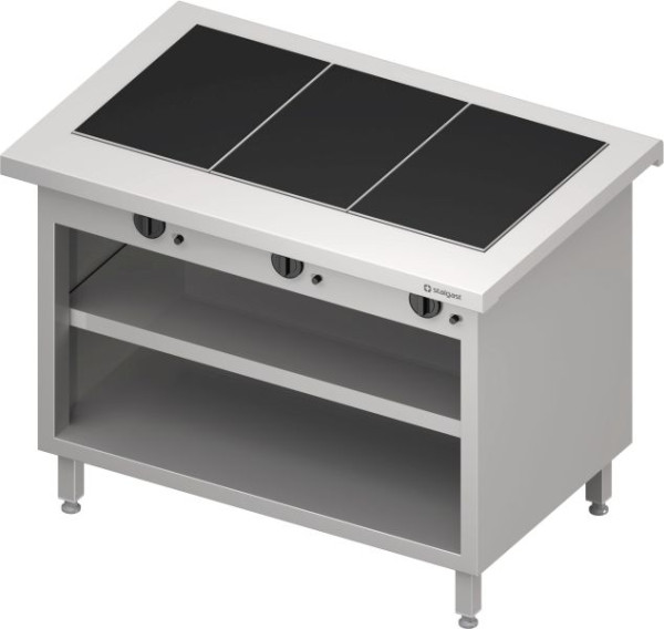 Stalgast Edelstahl Warmausgabe "Free Flow" mit 3 Wärmeplatten aus Glaskeramik und offenem Unterschrank 1132x750x880 mm, Granitabdeckung, FF11221