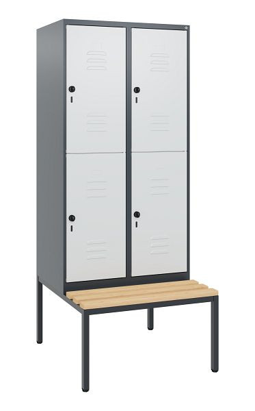 C+P Doppelstöckiger Spind Classic PLUS, 2 Abteile, 1950x800x815mm, 7016/7035, Drehriegel, Buche-Sitzleisten, mit untergebauter Sitzbank, 0803505-22 S10011