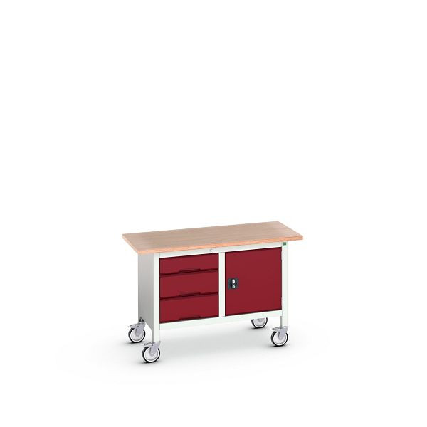 bott verso mobile Kastenwerkbank (Multiplex) mit 3 Schubladen und 1 Tür, BxTxH: 1250 x 600 x 830 mm, Lichtgrau / Purpurrot, 16923203.24