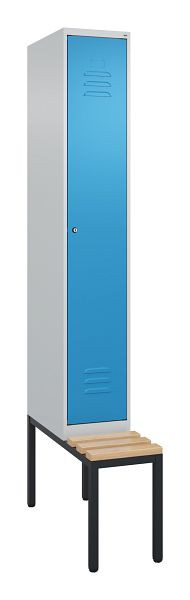 C+P Umkleidespind Classic PLUS, mit untergebauter Sitzbank, 2120x300x815mm, 7035/5012, Zylinderschloss, Buche-Sitzleisten, 0800507-10 S10050