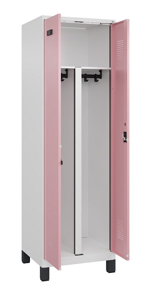 C+P PSA Schwarz-Weiß-Spind Evolo PLUS, mit Füßen, 2 Abteile, 1950x600x500mm, 90, Frontfarbe RAL 3015 Hellrosa, Zylinderschloss, 049012-20P S10045