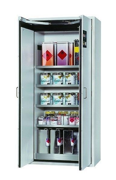 asecos Sicherheitsschrank S-CLASSIC-90, S90.196.090 in lichtgrau RAL 7035 mit 4x Fachboden (Edelstahl), 30204-001-30213